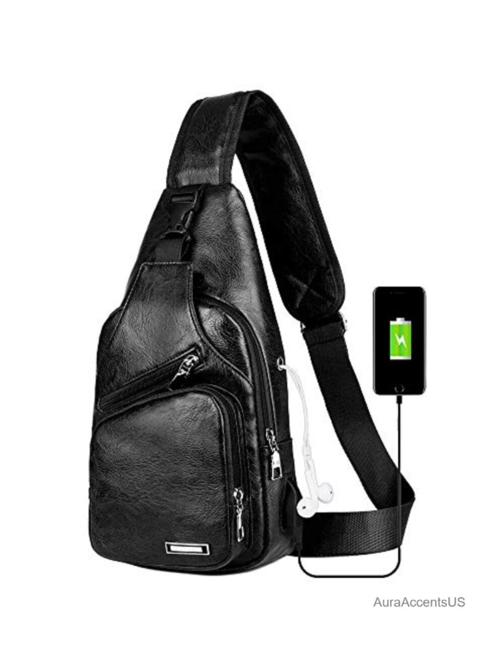 Faux Leather Sling Bag Crossbody Chest Backpack USB Port Men